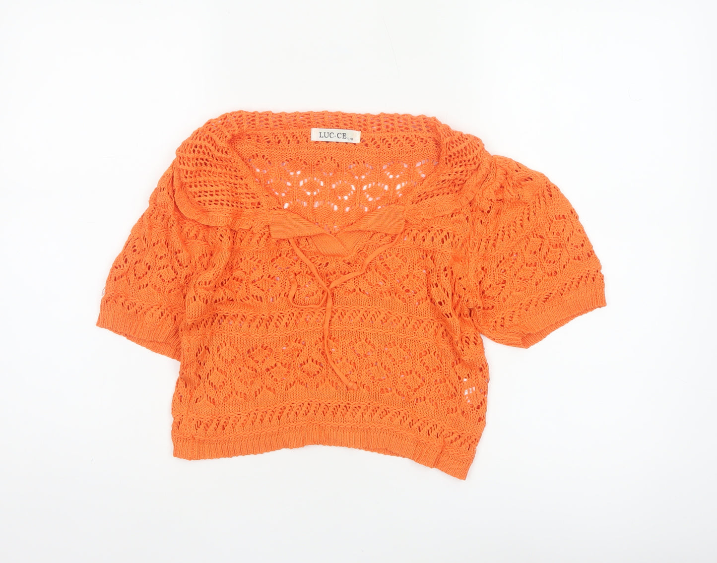 LUC-CE Women Orange S Crochet Knit Cowl Neck Bow Short Sleeve Blouse