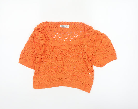 LUC-CE Women Orange S Crochet Knit Cowl Neck Bow Short Sleeve Blouse