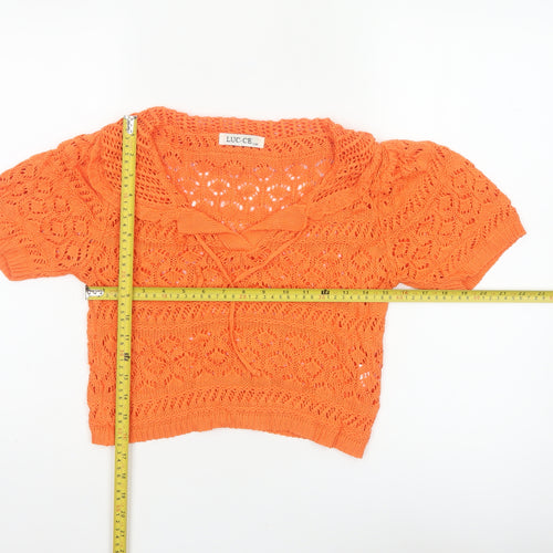 LUC-CE Women Orange S Crochet Knit Cowl Neck Bow Short Sleeve Blouse