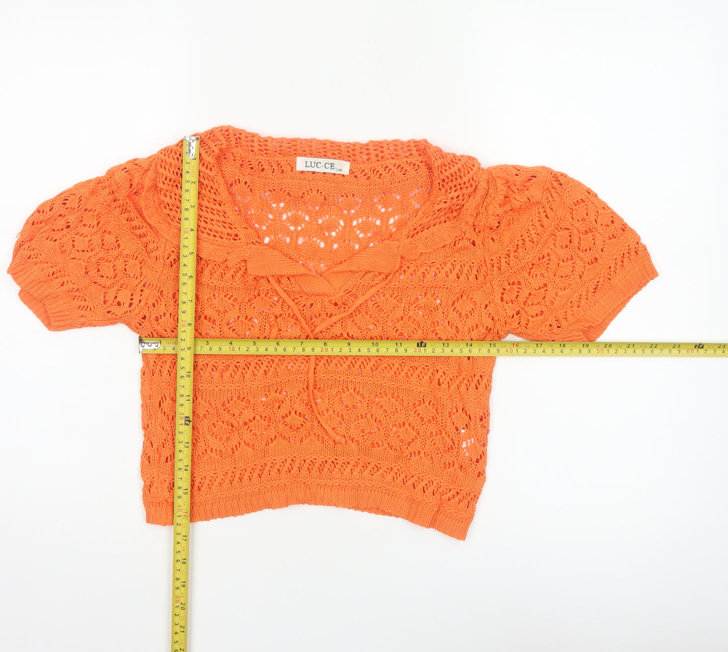 LUC-CE Women Orange S Crochet Knit Cowl Neck Bow Short Sleeve Blouse