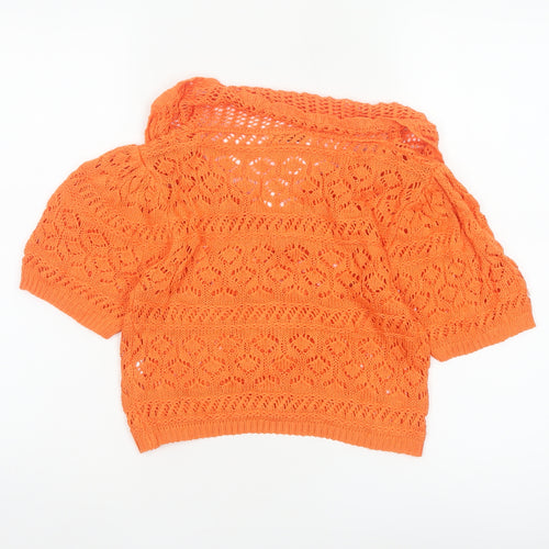 LUC-CE Women Orange S Crochet Knit Cowl Neck Bow Short Sleeve Blouse