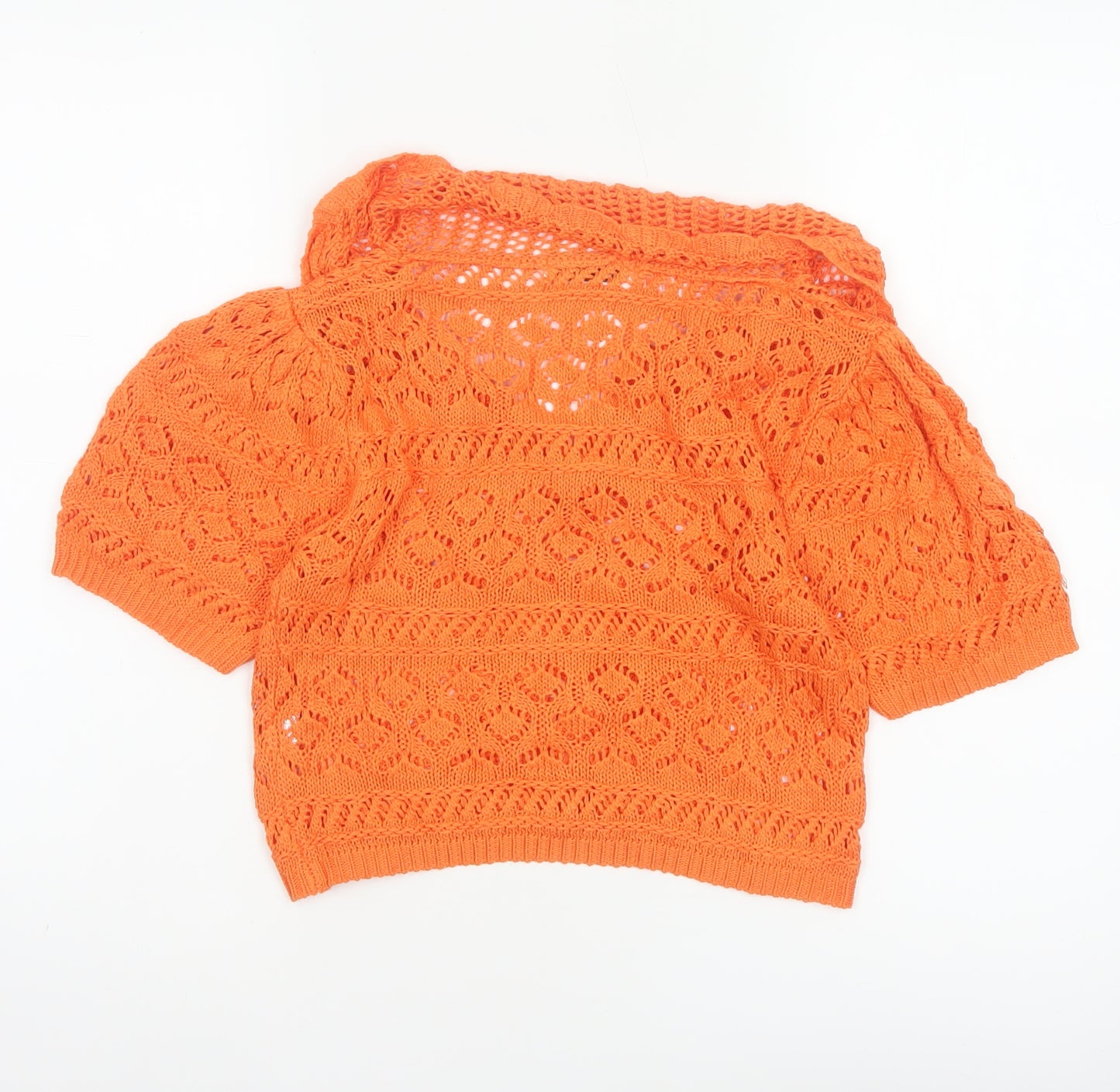 LUC-CE Women Orange S Crochet Knit Cowl Neck Bow Short Sleeve Blouse