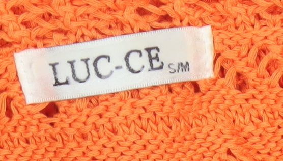 LUC-CE Women Orange S Crochet Knit Cowl Neck Bow Short Sleeve Blouse