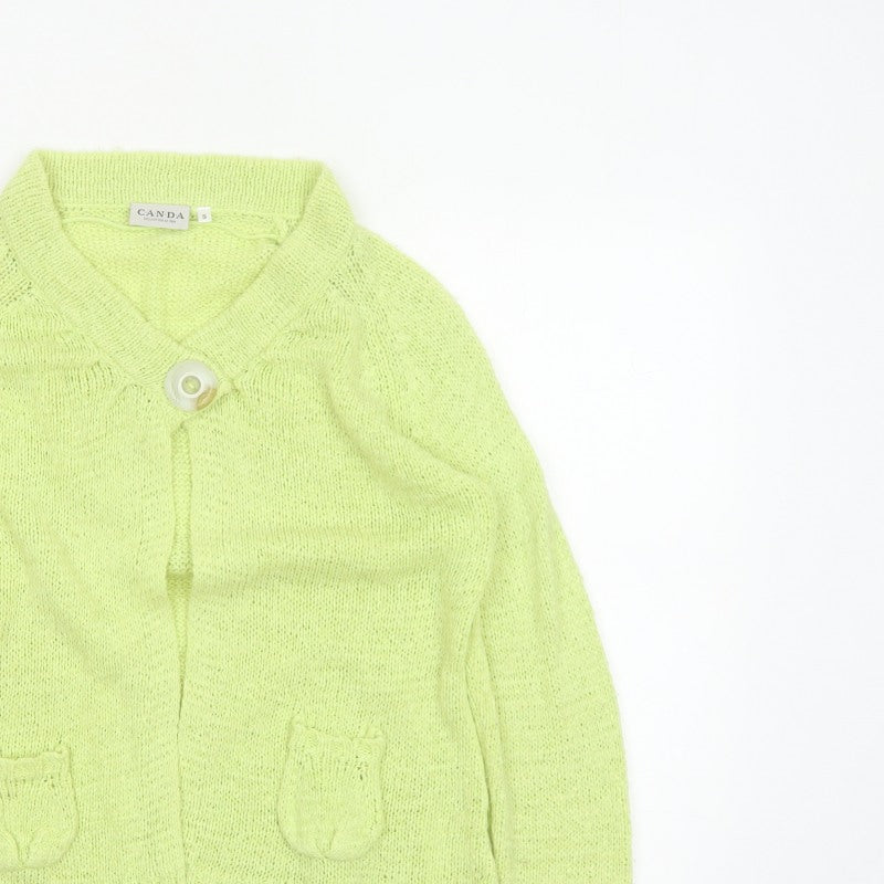 Canda Women Yellow Knit Button Cardigan Size S Collared Pockets