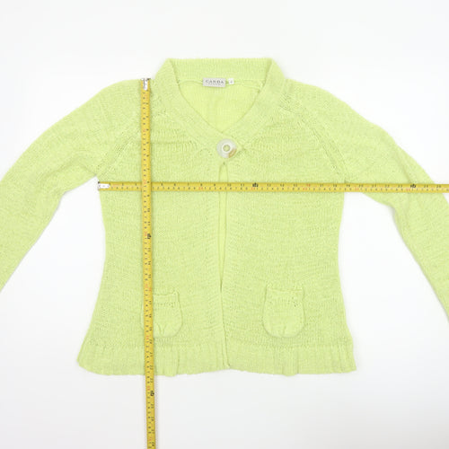 Canda Women Yellow Knit Button Cardigan Size S Collared Pockets