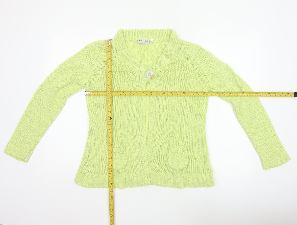 Canda Women Yellow Knit Button Cardigan Size S Collared Pockets