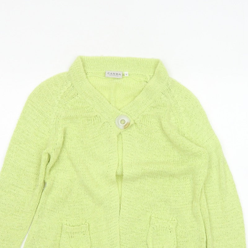 Canda Women Yellow Knit Button Cardigan Size S Collared Pockets