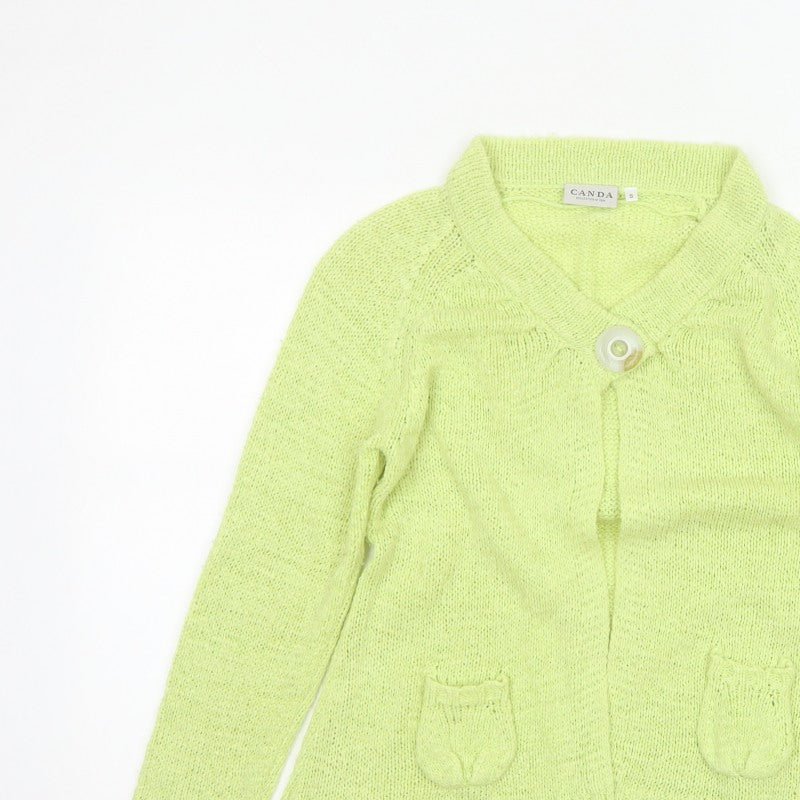 Canda Women Yellow Knit Button Cardigan Size S Collared Pockets