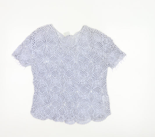 Pure by Together Women Blue UK 14 Cotton Crochet Short Sleeve Blouse