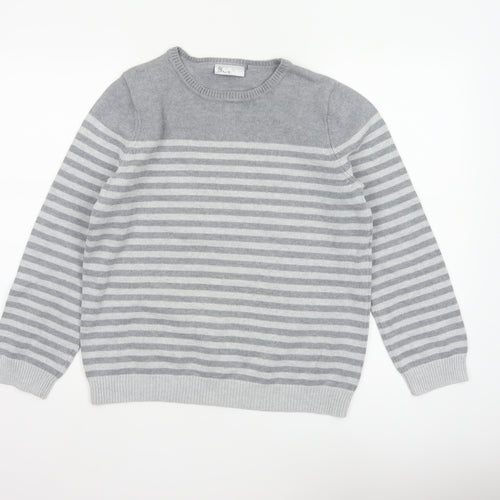 Bhs Women’s Grey White Striped Crew Neck Jumper UK 14 Cotton Knit
