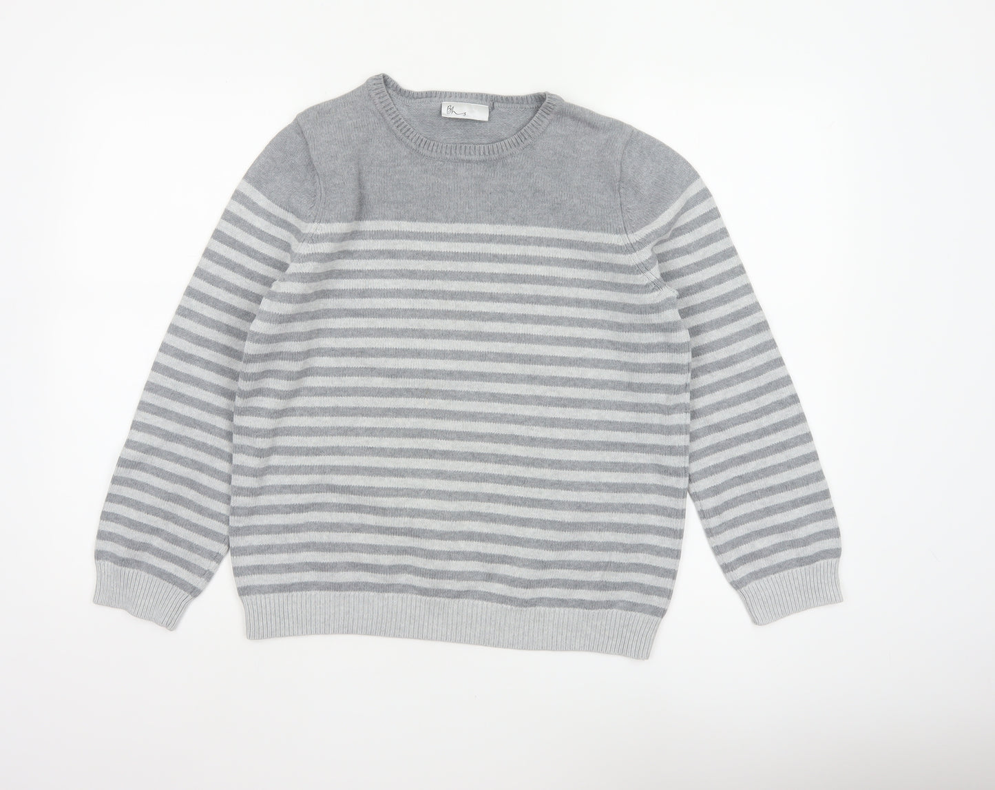 Bhs Women’s Grey White Striped Crew Neck Jumper UK 14 Cotton Knit