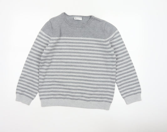 Bhs Women’s Grey White Striped Crew Neck Jumper UK 14 Cotton Knit
