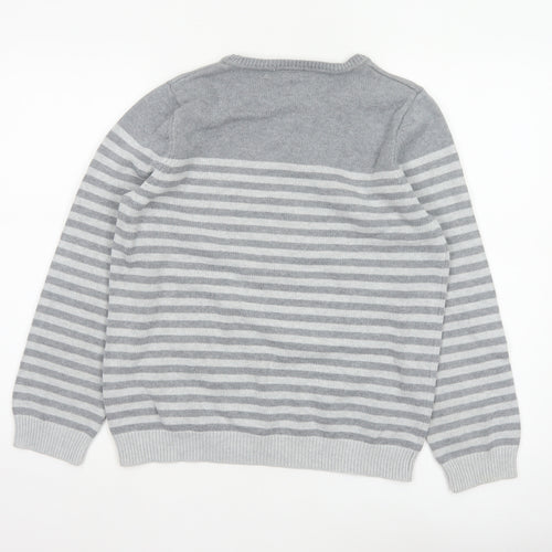 Bhs Women’s Grey White Striped Crew Neck Jumper UK 14 Cotton Knit