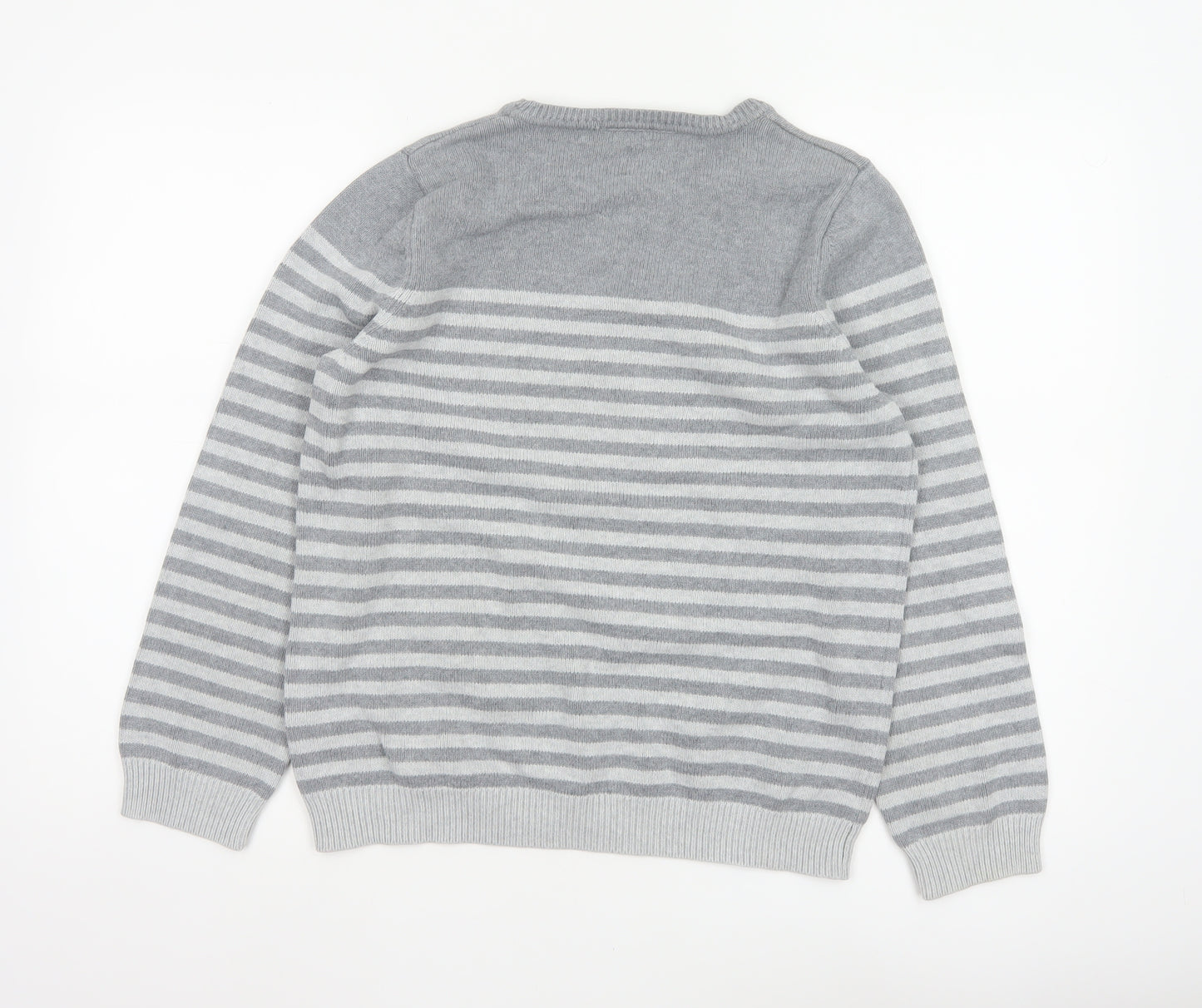 Bhs Women’s Grey White Striped Crew Neck Jumper UK 14 Cotton Knit