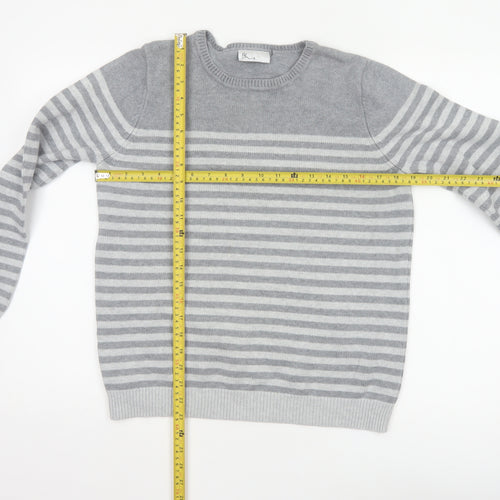 Bhs Women’s Grey White Striped Crew Neck Jumper UK 14 Cotton Knit