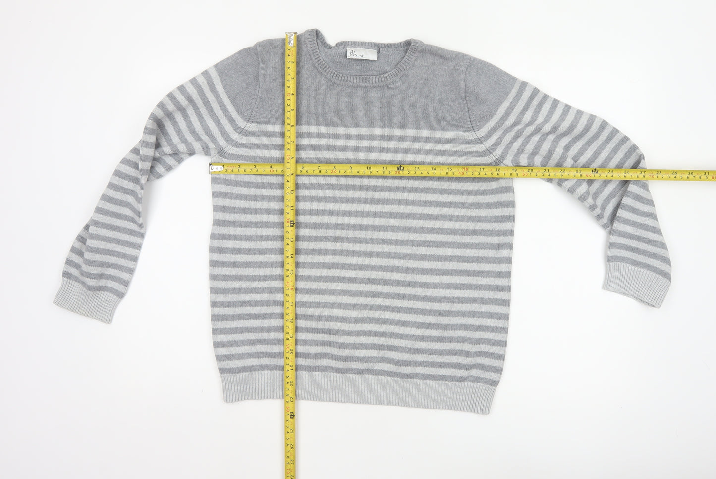 Bhs Women’s Grey White Striped Crew Neck Jumper UK 14 Cotton Knit