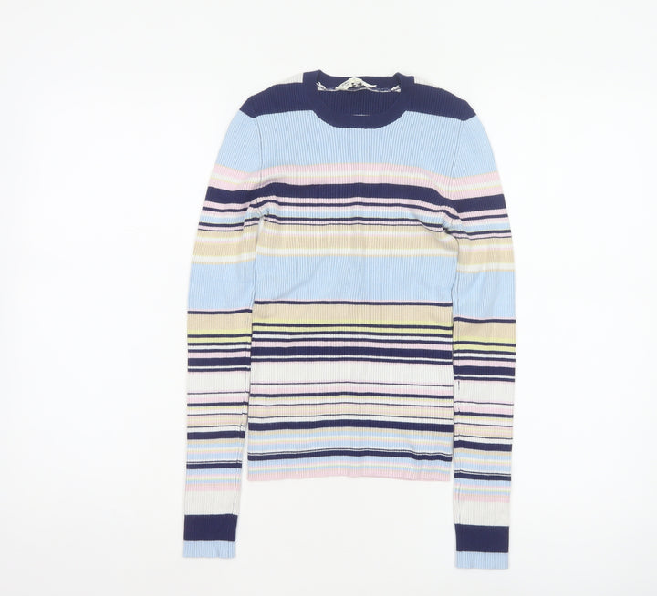 Miss Selfridge Women Blue Stripe Ribbed Knit Jumper UK 8 Crew Neck