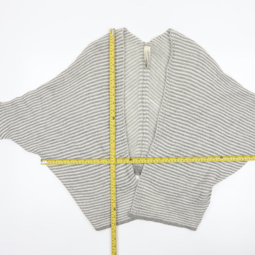 Pull&Bear Women Grey White Stripe Open Knit Cardigan Size L