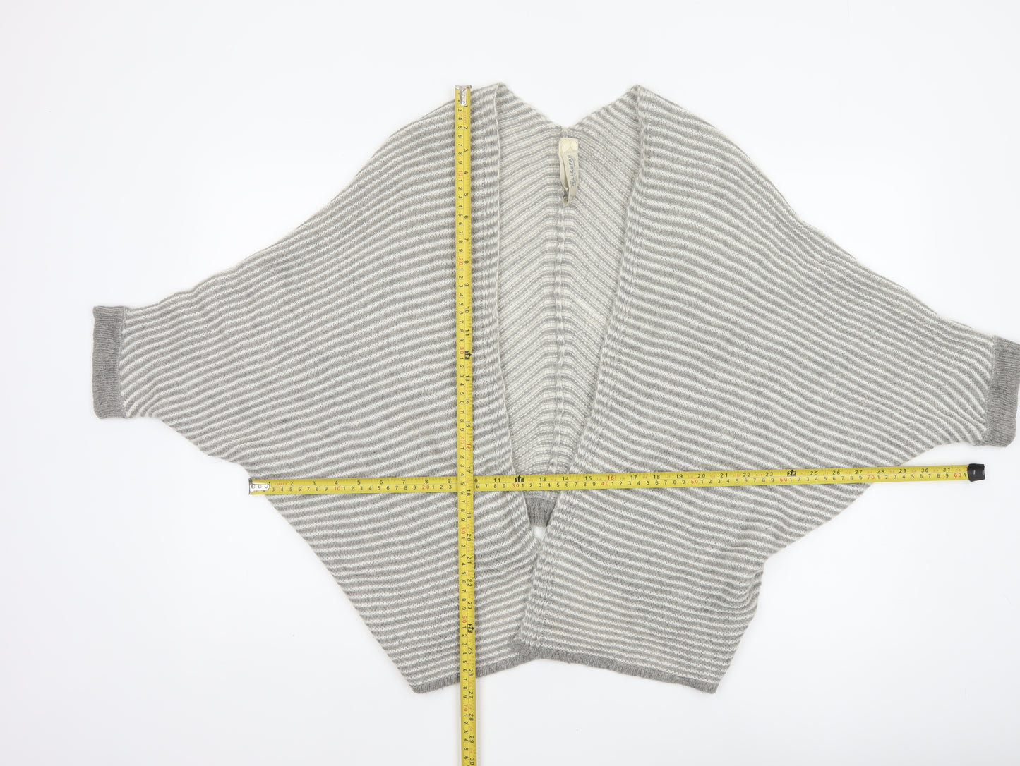 Pull&Bear Women Grey White Stripe Open Knit Cardigan Size L
