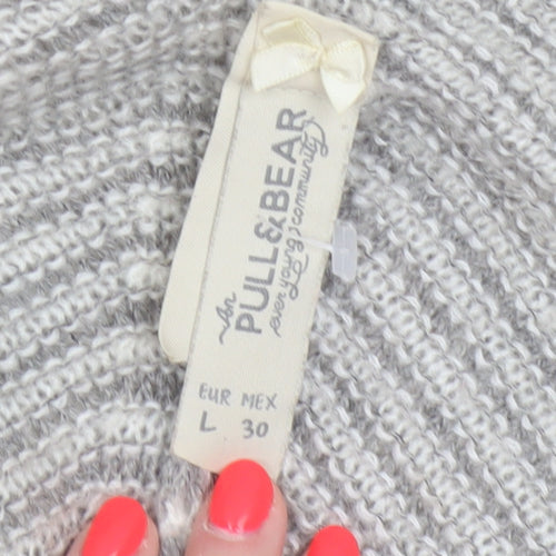 Pull&Bear Women Grey White Stripe Open Knit Cardigan Size L