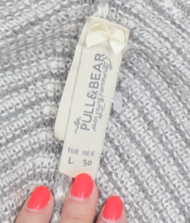 Pull&Bear Women Grey White Stripe Open Knit Cardigan Size L