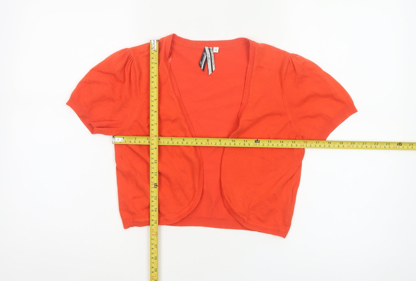Bexleys Women Orange Size 12 Open Knit Puff Sleeve Cardigan