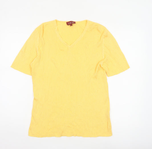 PAON Women’s Yellow L Ribbed V-Neck Short Sleeve Knit Top