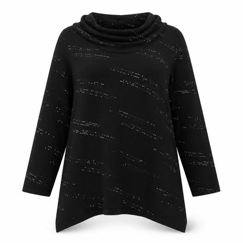 Saloos Women Black XL Cowl Neck Rhinestone Knit Tunic Jumper