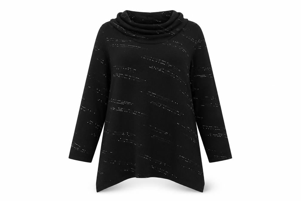 Saloos Women Black XL Cowl Neck Rhinestone Knit Tunic Jumper