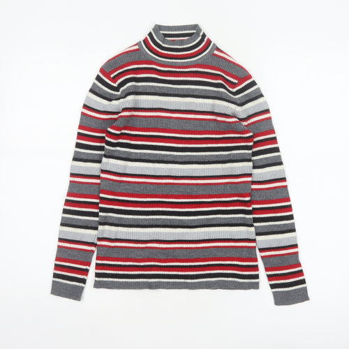 Damart Women Grey Red Stripe Mock Neck Knit Jumper UK 10