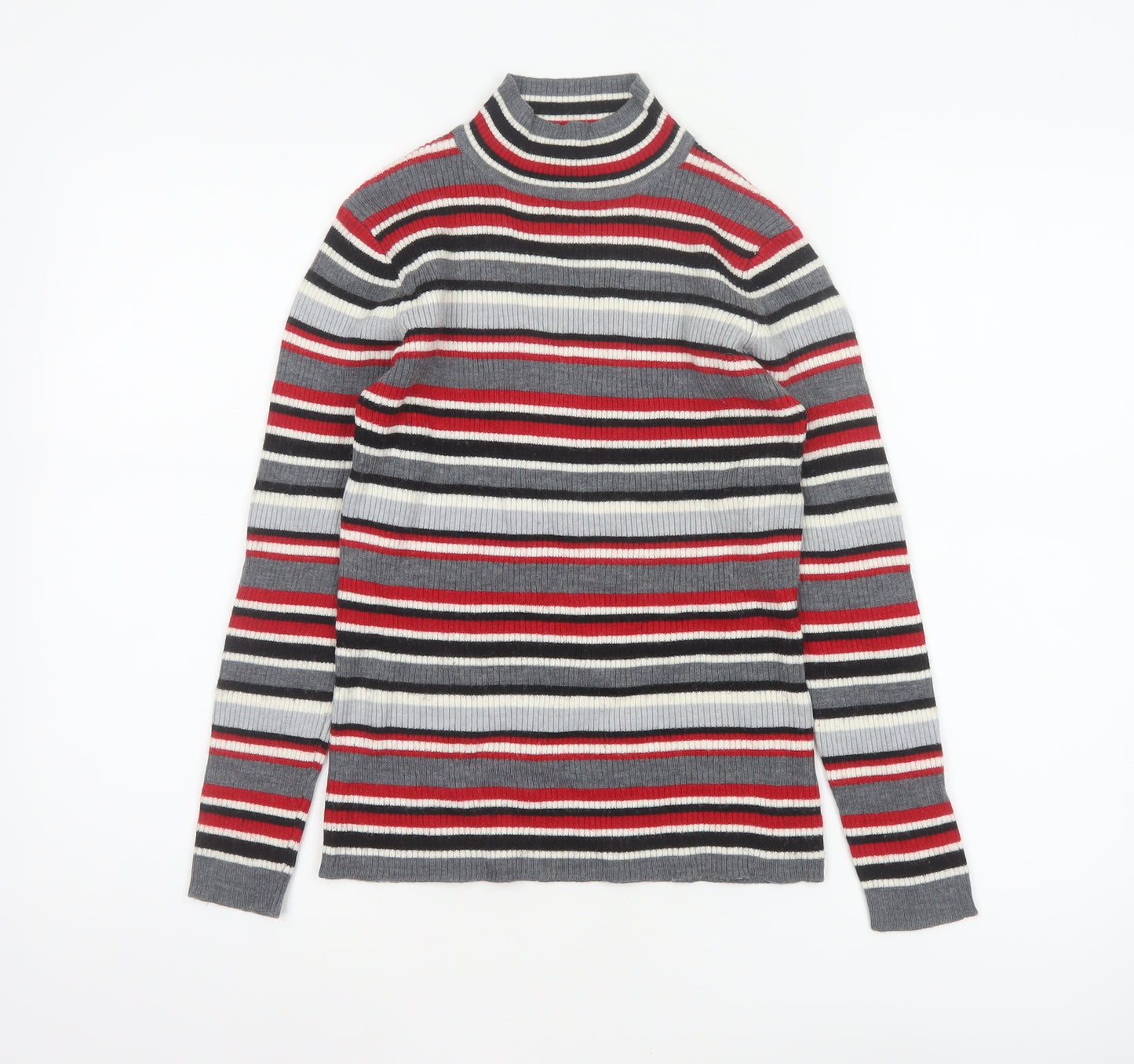 Damart Women Grey Red Stripe Mock Neck Knit Jumper UK 10