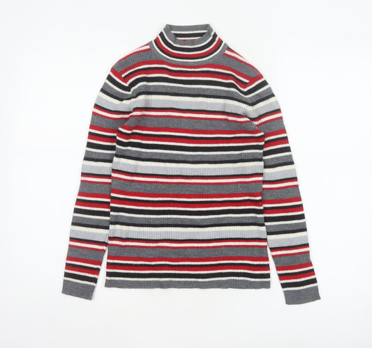 Damart Women Grey Red Stripe Mock Neck Knit Jumper UK 10