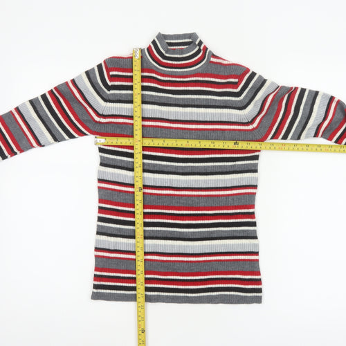 Damart Women Grey Red Stripe Mock Neck Knit Jumper UK 10