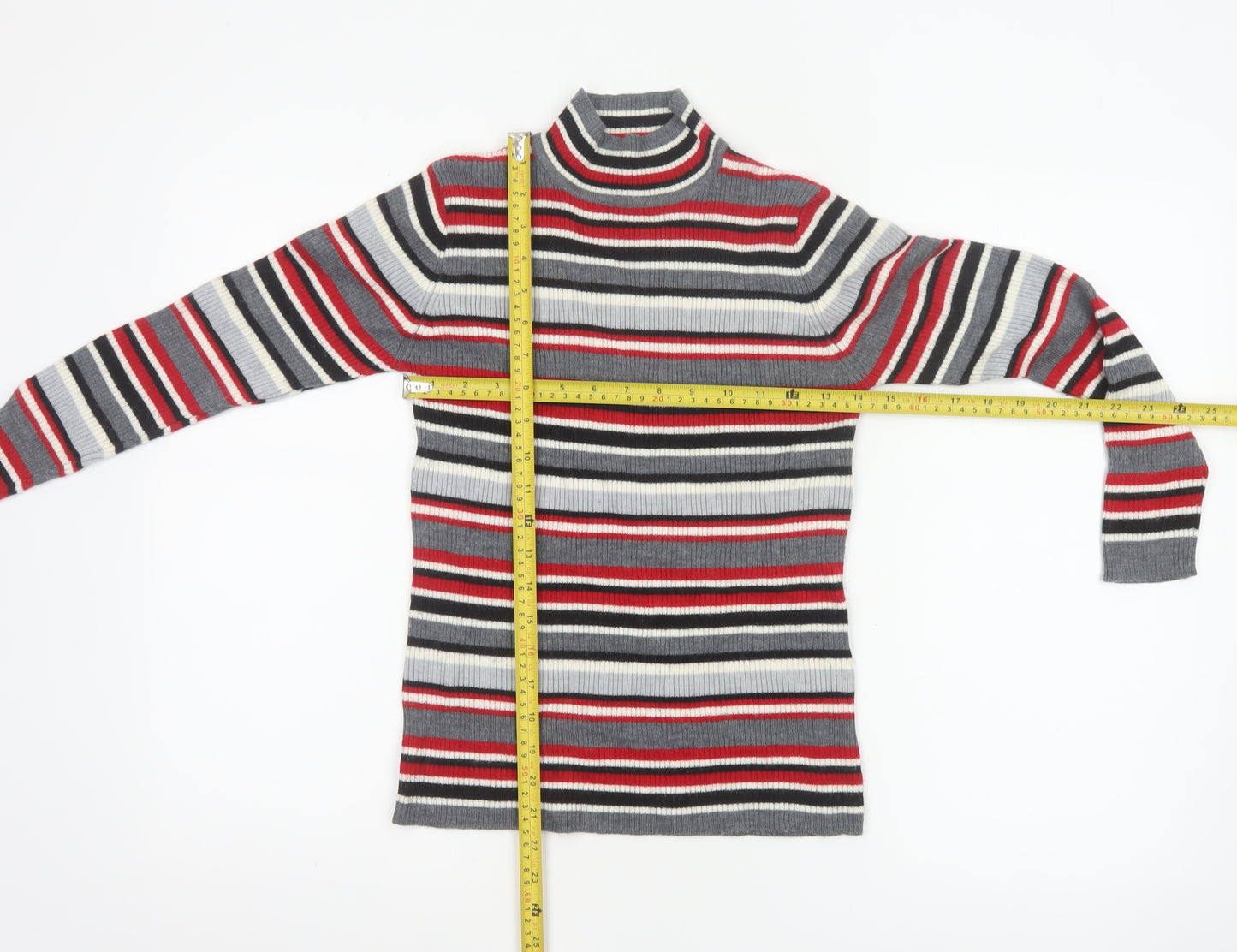 Damart Women Grey Red Stripe Mock Neck Knit Jumper UK 10