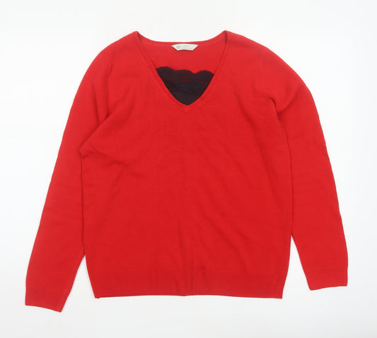 BHS Women’s Red Size 14 V-Neck Lace Detail Long Sleeve Jumper