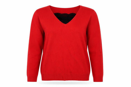 Front view of BHS Women’s Red, size UK 14, V-Neck Lace Detail Long Sleeve Jumper