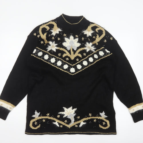 Dama Scott Women’s Black L Christmas Reindeer Beaded Mock Neck Pullover