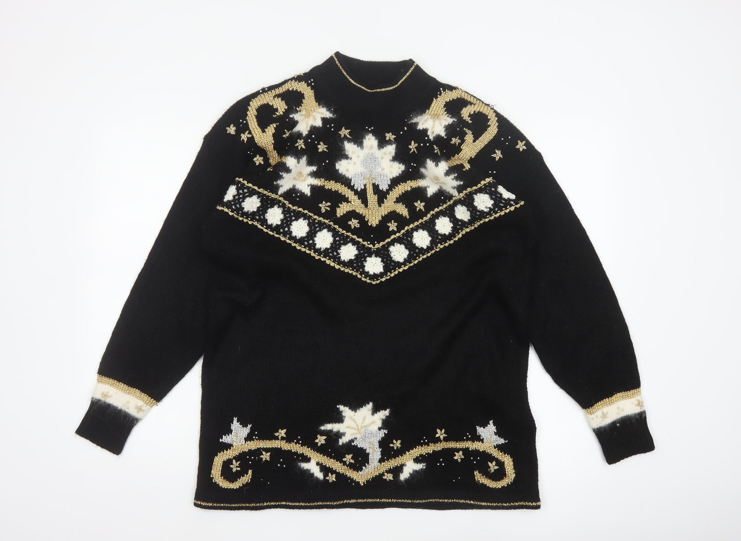 Dama Scott Women’s Black L Christmas Reindeer Beaded Mock Neck Pullover