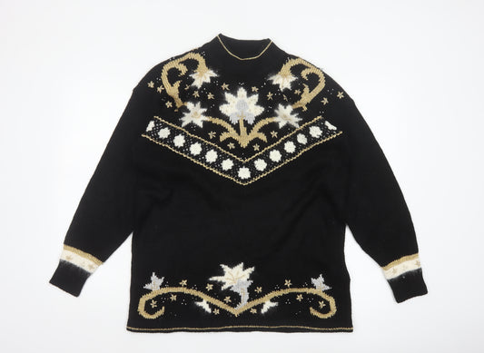 Dama Scott Women’s Black L Christmas Reindeer Beaded Mock Neck Pullover