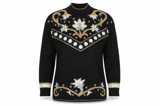 Front view of Dama Scott Women’s Black L Christmas Reindeer Beaded Mock Neck Pullover
