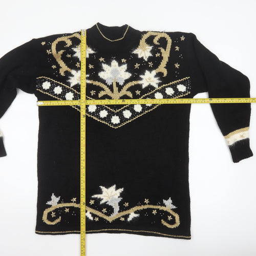 Dama Scott Women’s Black L Christmas Reindeer Beaded Mock Neck Pullover