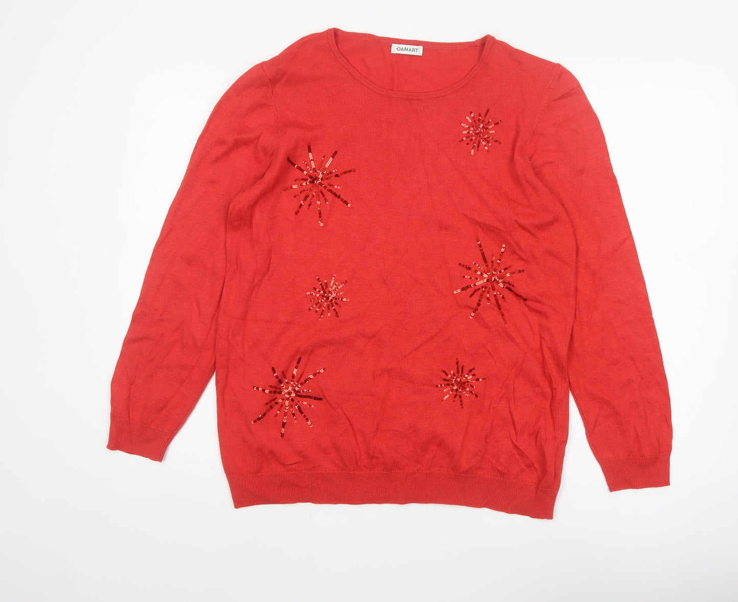 Damart Women Red UK 20 Sequin Starburst Round Neck Knit Jumper