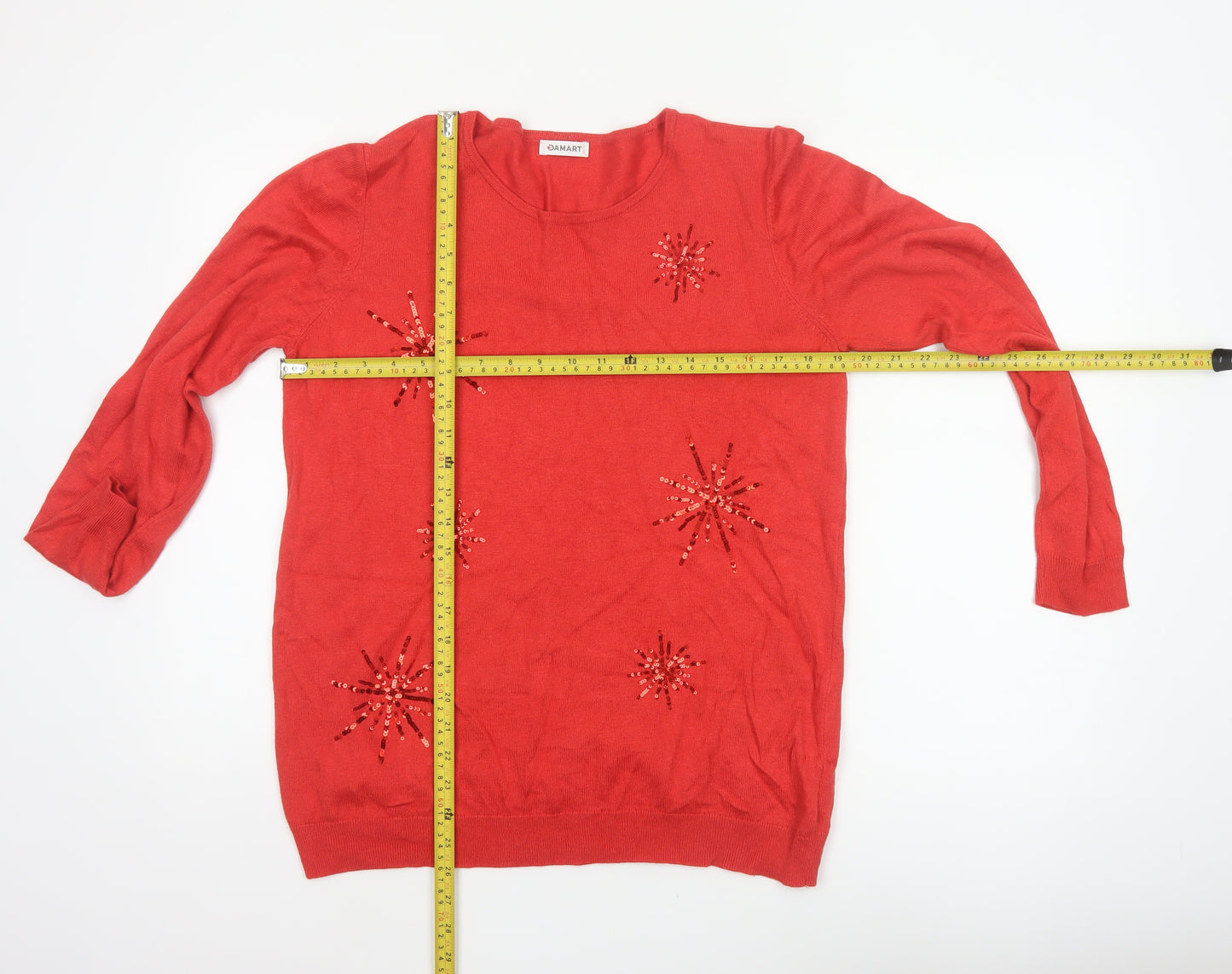 Damart Women Red UK 20 Sequin Starburst Round Neck Knit Jumper