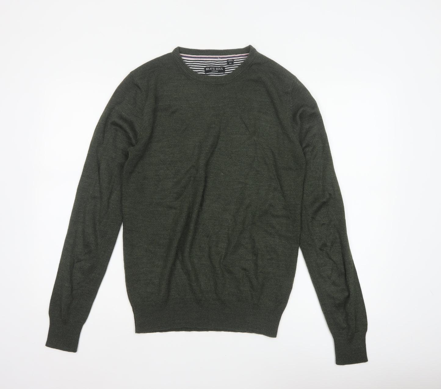 Brave Soul Men’s Green M Crew Neck Pullover Tight-Knit Jumper