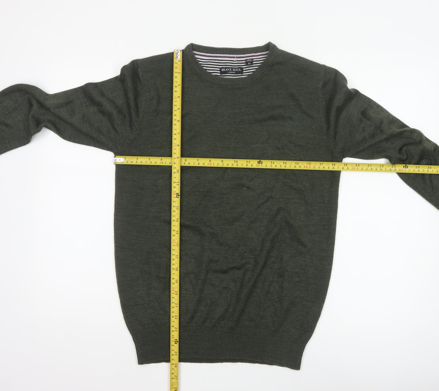 Brave Soul Men’s Green M Crew Neck Pullover Tight-Knit Jumper