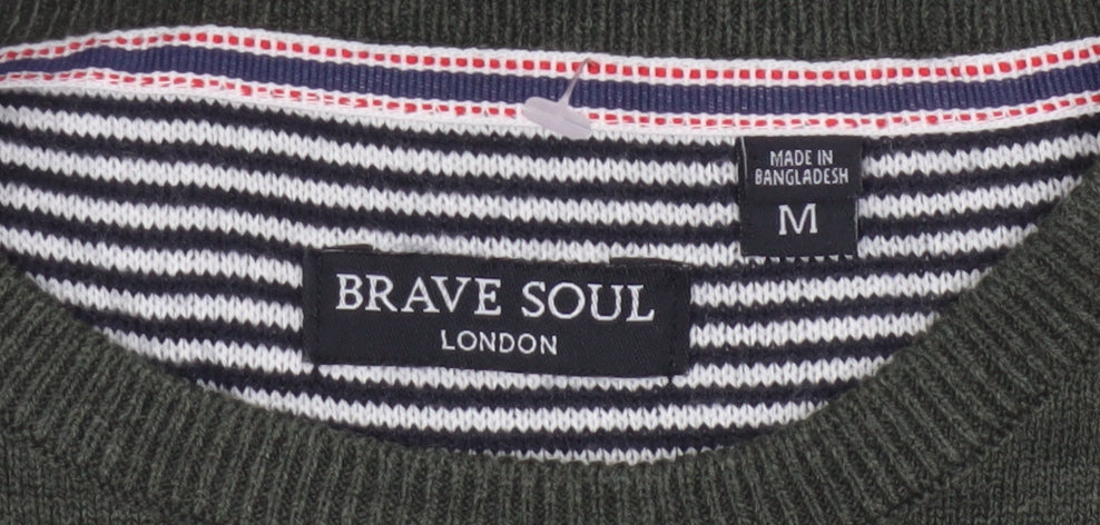 Brave Soul Men’s Green M Crew Neck Pullover Tight-Knit Jumper