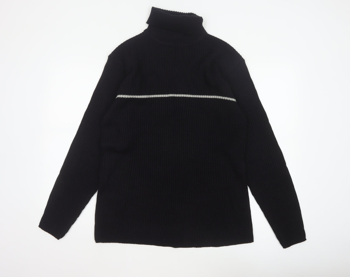 Back view of Whispering Smith Men’s Black XL Roll Neck Striped Knit Jumper