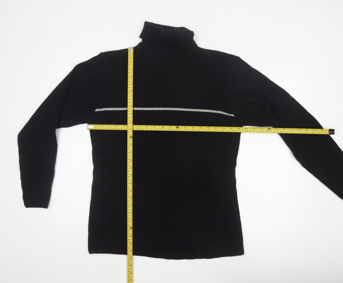 Close-up detail of Whispering Smith Men’s Black XL Roll Neck Striped Knit Jumper