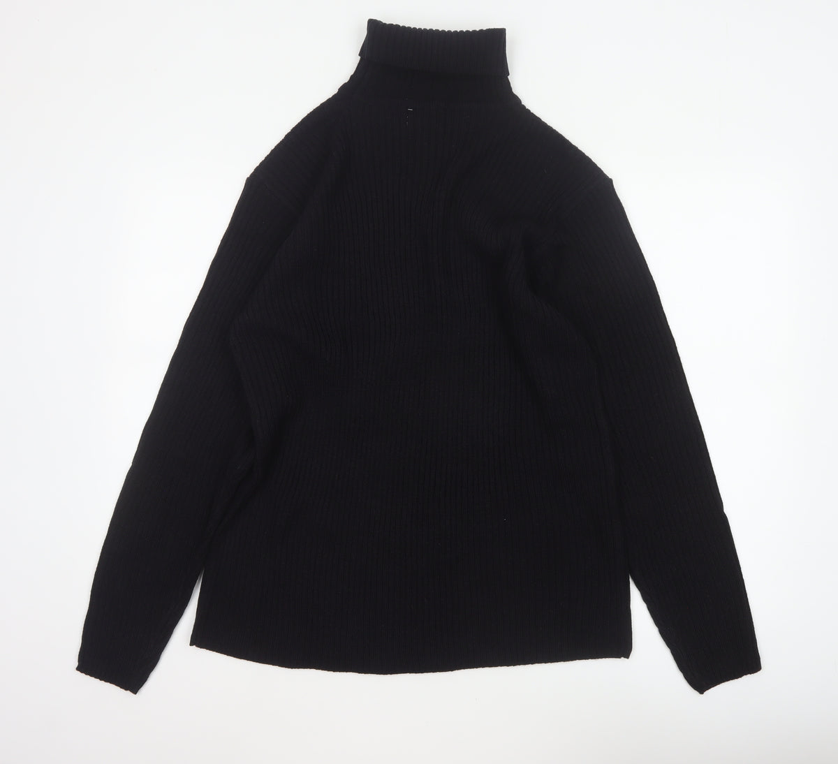 Brand and care label for Whispering Smith Men’s Black XL Roll Neck Striped Knit Jumper