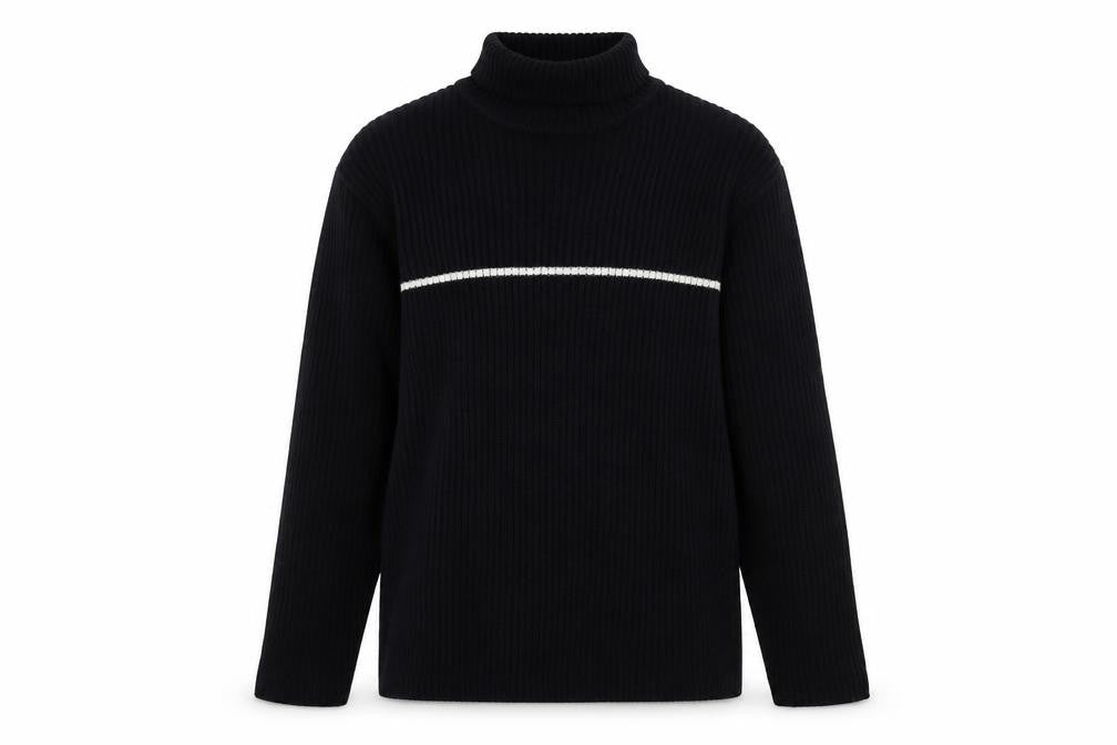 Front view of Whispering Smith Men’s Black XL Roll Neck Striped Knit Jumper